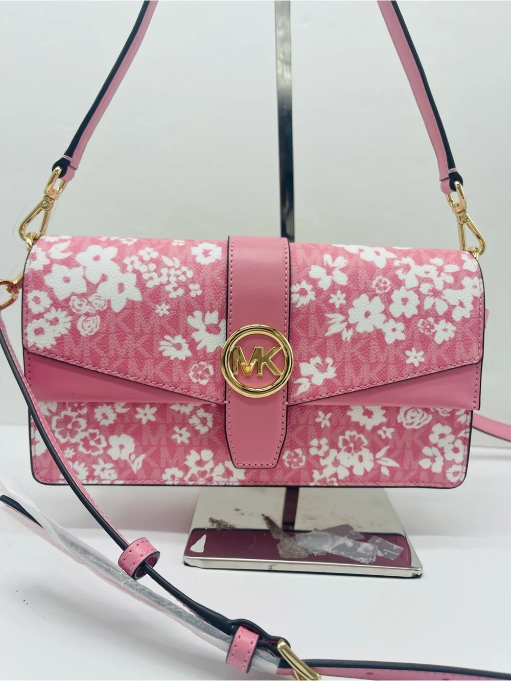 MICHAEL KORS Greenwich Md Printed MK Logo Convertible Shoulder Carnation NWT